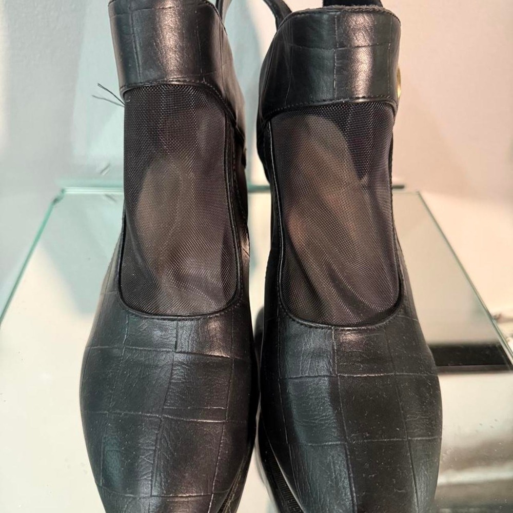 Black Faux Leather Mesh Ankle Boots Croc Embossed Block Heel Pointed Toe Sz 43